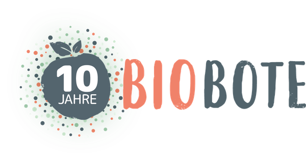 KI generiert: Logo mit einem Apfel und Konfetti, Text: "10 JAHRE BIOBOTE".