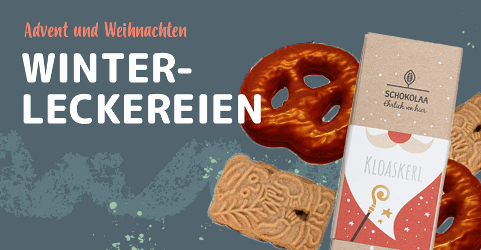 KI generiert: Winterliche Süßigkeiten mit Brezel und Gebäck. Text: "Advent und Weihnachten WINTER-LECKEREIEN".