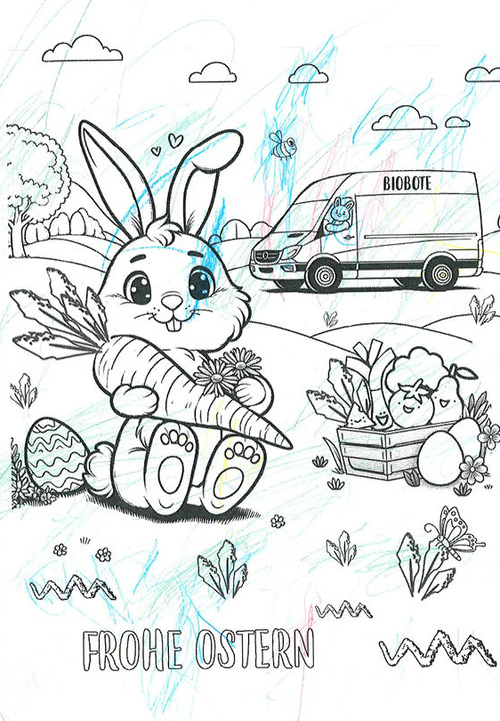 KI generiert: Ein Osterhase hält eine Möhre, daneben steht ein Lieferwagen mit "BIOBOTE". Unten steht "FROHE OSTERN".