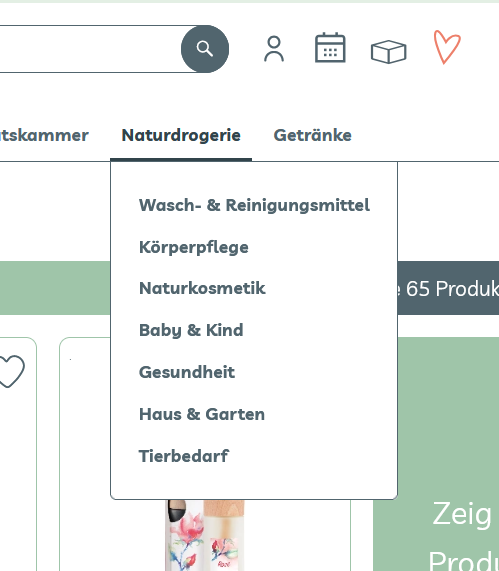 KI generiert: Dropdown-Menü einer Webseite mit Kategorien wie "Wasch- & Reinigungsmittel".