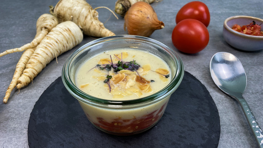 KI generiert: Das Bild zeigt eine Schale mit einer cremigen Suppe, die mit gehackten Kräutern und Mandeln garniert ist. Um die Schale herum liegen Pastinaken, Zwiebeln und Tomaten.