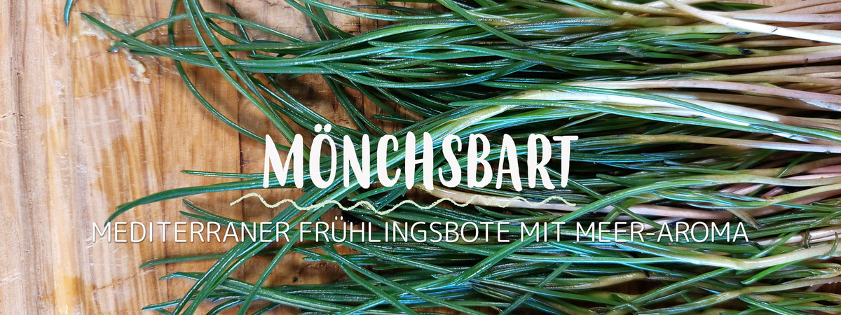 KI generiert: Mönchsbart auf Holzuntergrund. Text: "Mönchsbart - Mediterraner Frühlingsbote mit Meer-Aroma."