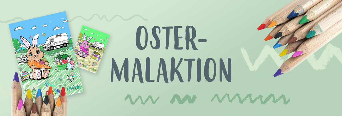 KI generiert: Bunte Ostermalaktion mit Zeichnungen von Osterhasen und Buntstiften. Text: "Oster-Malaktion".