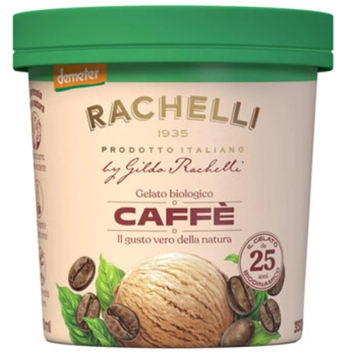 KI generiert: Eispackung von Rachelli, Gelato biologico Caffè, mit Kaffeebohnenabbildung. Text: "Il gusto vero della natura".