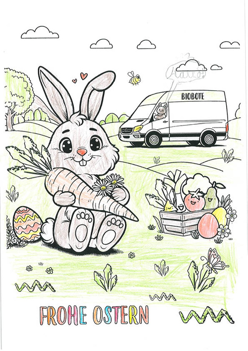KI generiert: Ein Hase mit einer Karotte, Ostereiern und einem Lieferwagen. Text: "FROHE OSTERN".