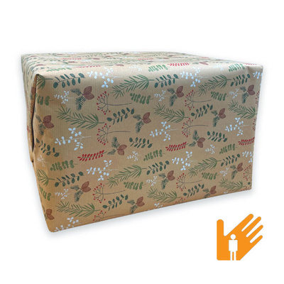 KI generiert: Ein Geschenk in festlichem Papier mit Naturmotiven verpackt. Unten rechts ein stilisiertes Symbol einer Hand.