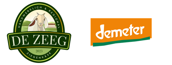 KI generiert: Logos von "DE ZEEG" (Ziegenkäse) und "demeter".