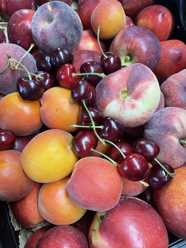KI generiert: Verschiedene bunte Früchte: Kirschen, Pfirsiche und Aprikosen.