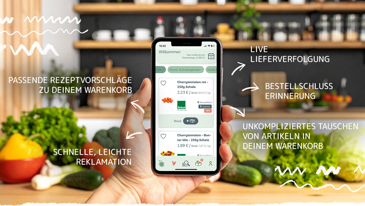 KI generiert: Ein Smartphone mit einer Einkaufs-App im Vordergrund, Hintergrund Gemüse. Text: PASSENDE REZEPTE, SCHNELLE REKLAMATION.