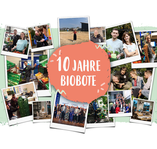 KI generiert: Collage mit Fotos von Menschen und Text "10 Jahre Biobote".