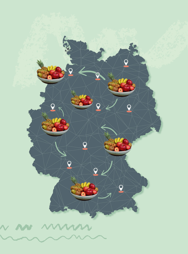 KI generiert: Das Bild zeigt eine stilisierte Karte von Deutschland mit eingezeichneten Schalen voller Obst, die auf verschiedenen Orten verteilt sind und durch Pfeile miteinander verbunden werden. Der Hauptinhalt ist die symbolische Darstellung der Verteilung oder Lieferung von Obst innerhalb Deutschlands.