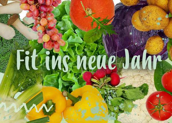KI generiert: Das Bild zeigt eine bunte Auswahl an verschiedenen Gemüsesorten und Früchten mit dem Schriftzug "Fit ins neue Jahr". Der Hauptinhalt dreht sich um gesunde Ernährung und frische Lebensmittel.