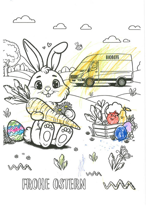 KI generiert: Ein Hase mit Karotte und Ostereiern vor einem Biobote-Lieferwagen. Text: "FROHE OSTERN".