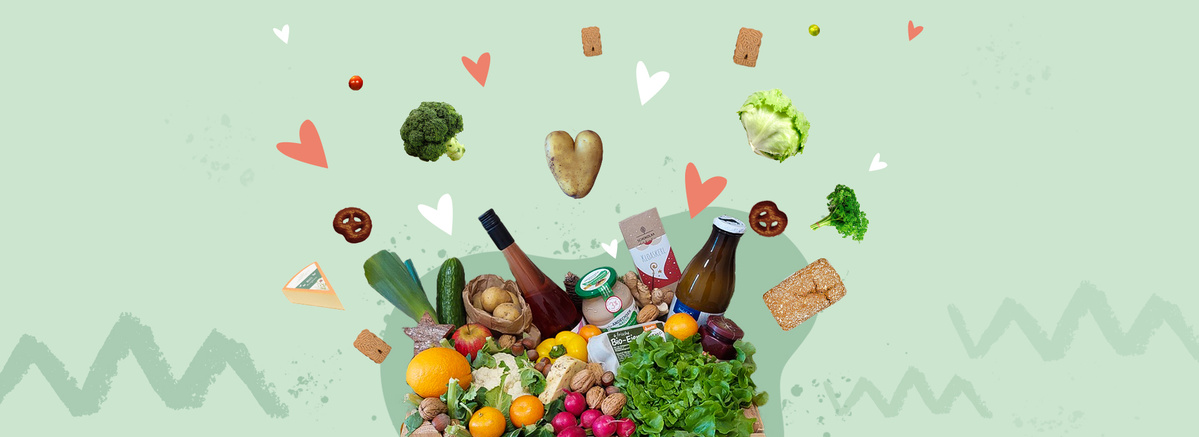 KI generiert: Ein Korb mit frischem Obst, Gemüse, Brot und Getränken vor grünem Hintergrund mit Herzen.