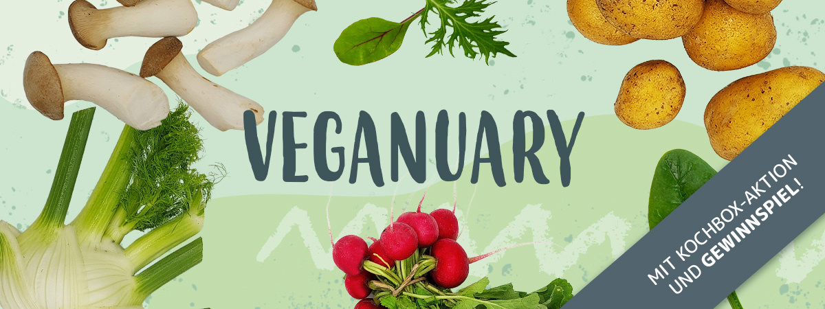KI generiert: Das Bild zeigt verschiedene Gemüsesorten wie Pilze, Kartoffeln, Radieschen und grünes Blattgemüse, die um das Wort "Veganuary" angeordnet sind. Es vermittelt den Schwerpunkt auf eine pflanzliche Ernährung im Januar.