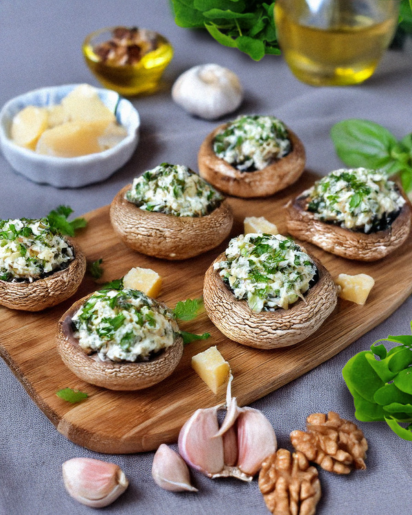 KI generiert: Das Bild zeigt gefüllte Champignons auf einem Holzbrett, garniert mit Käse und Kräutern. Im Hintergrund sind Zutaten wie Knoblauch, Nüsse und Öl zu sehen.