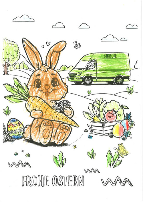 KI generiert: Ein Osterhase mit einer Karotte; im Hintergrund ein Lieferwagen. Text: "FROHE OSTERN".
