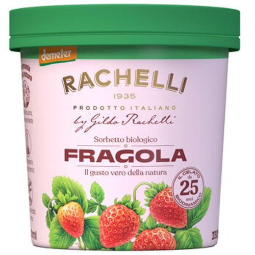 KI generiert: Erdbeer-Sorbet mit Bio-Zertifikat. Text: "RACHELLI 1935, Fragola, Sorbetto biologico, Il gusto vero della natura."