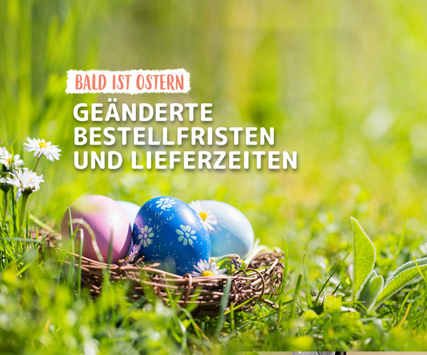 KI generiert: Ein Nest mit Ostereiern auf einer Wiese. Text: "BALD IST OSTERN. GEÄNDERTE BESTELLFRISTEN UND LIEFERZEITEN".