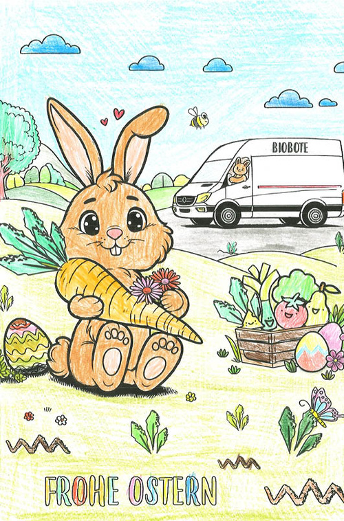 KI generiert: Ein Hase hält eine Karotte vor einem "Biobote"-Lieferwagen. Text: "FROHE OSTERN".