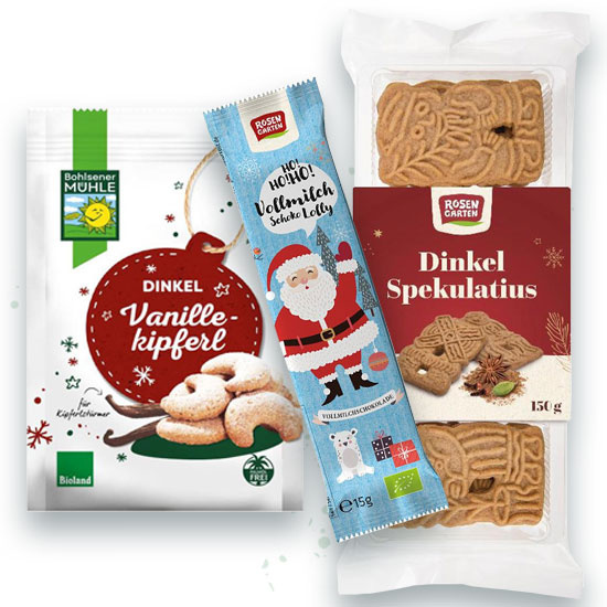 Adventskalender Tür 1 - 1 x Dinkel Spekulatius 1x Schoko Lolly und 1x Dinkel Vanillekipferl