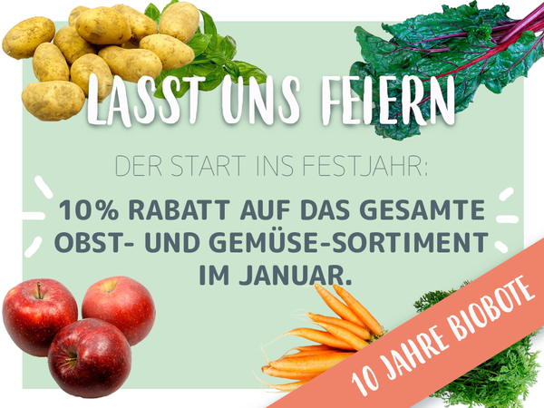 KI generiert: "10% Rabatt auf Obst & Gemüse im Januar" steht auf dem Bild. Es zeigt diverse Obst- und Gemüsesorten.