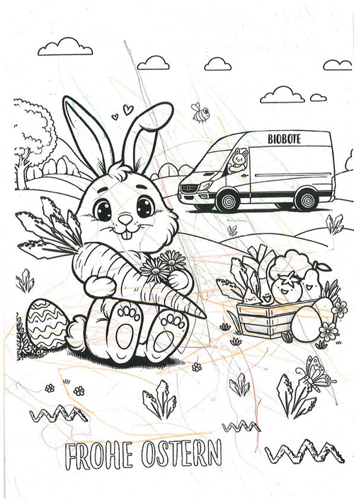 KI generiert: Ein Osterhase mit Karotte, Ostereiern und einem Lastwagen. Text: "FROHE OSTERN".