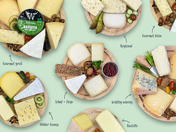 KI generiert: Verschiedene Käseplatten mit Salzgebäck, Früchten und Beilagen. Text: Gourmet groß, Gourmet klein, Regional, usw.