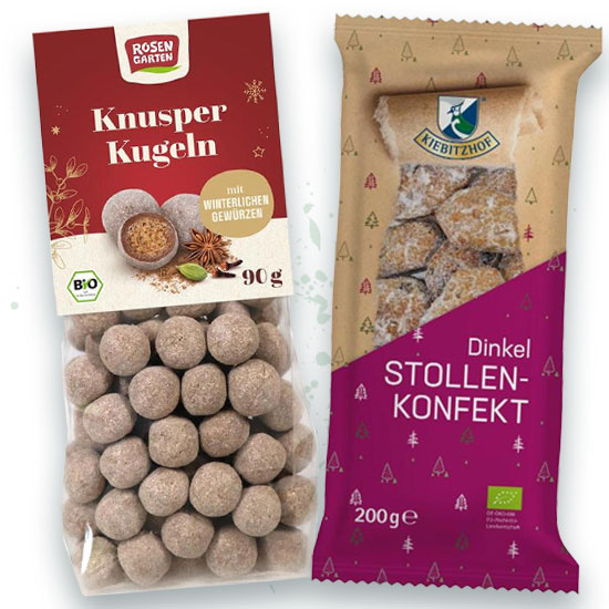 Adventskalender Tür 9 -  1x Rosengarten Knusper Kugeln und 1x Kiebitzhof inkel Stollen Konfekt