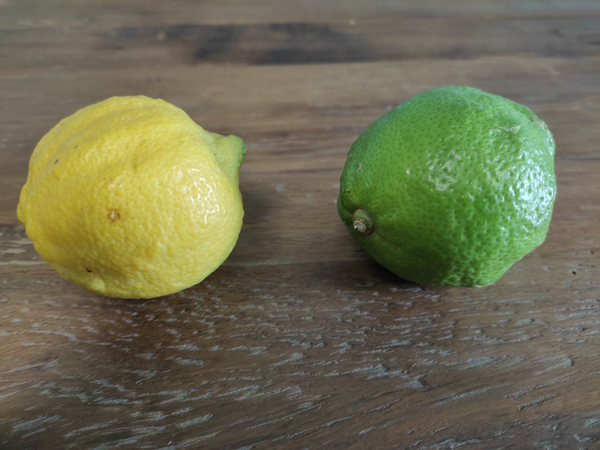 KI generiert: Eine Zitrone und eine Limette liegen auf einem Holztisch.