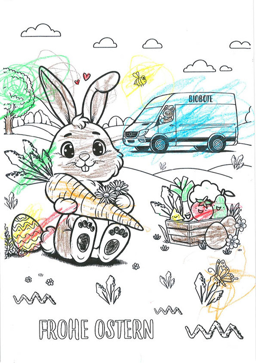KI generiert: Ein Osterhase mit Möhre sitzt in einer Landschaft, daneben ein "BIOBOTE"-Lieferwagen. Text: "FROHE OSTERN".