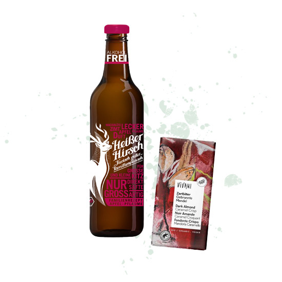 Gewinn: 1 Flasche Heißer Hirsch Familienpunsch und 1 Tafel Vivani Zartbitter gebrannte Mandel