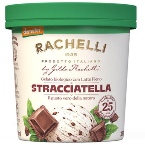 KI generiert: Ein Becher Rachelli Stracciatella Bio-Eis. Text: "Gelato biologico con Latte Fieno".