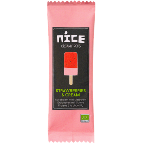 KI generiert: Verpackung eines Erdbeer-Sahne-Eis am Stiel. Text: "NICE CREAMY POPS STRAWBERRIES & CREAM."