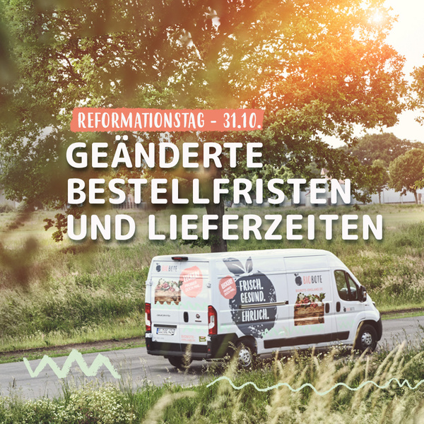 KI generiert: Lieferwagen auf Landstraße, Text: "Reformationstag - 31.10. Geänderte Bestellfristen und Lieferzeiten".