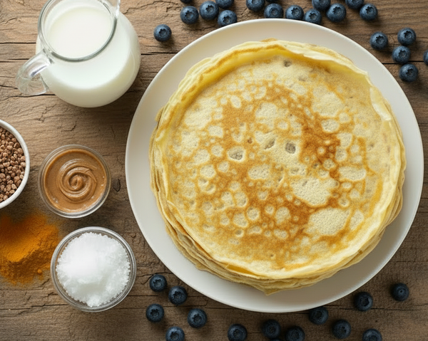 KI generiert: Pfannkuchenstapel auf einem Teller, umgeben von Milch, Heidelbeeren, Erdnussbutter und Gewürzen auf Holztisch.