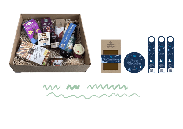 KI generiert: Ein Geschenkkorb mit verschiedenen Produkten und Weihnachtsdeko. Text: "Frohe Weihnachten!"