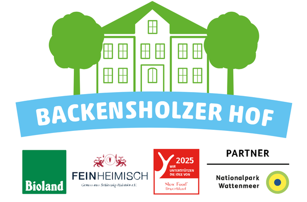 KI generiert: Logo des Backensholzer Hofs mit Partner- und Unterstützerlogos: Bioland, Feinheimisch, Slow Food, Nationalpark Wattenmeer.