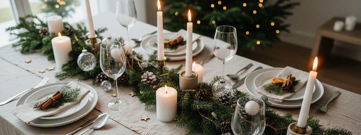 KI generiert: Festlich gedeckter Tisch mit Kerzen und Weihnachtsschmuck. Keine Textinhalte vorhanden.