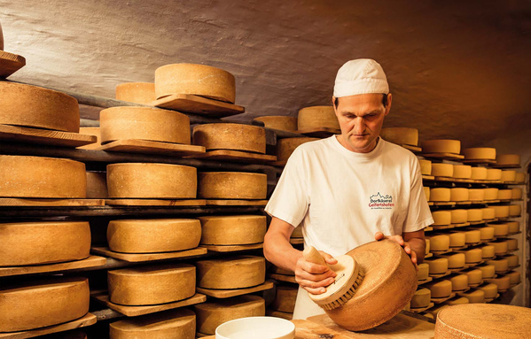 KI generiert: Ein Käser pflegt Laibe in einer Käserei.