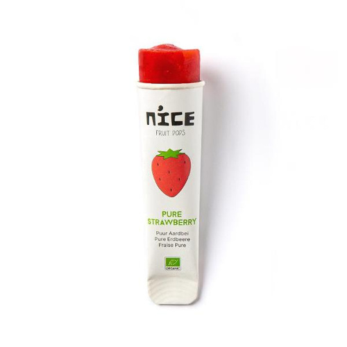 KI generiert: Eis am Stiel im Erdbeergeschmack. Text: "nice fruit pops, PURE STRAWBERRY, Puur Aardbei, Pure Erdbeere, Fraise Pure".