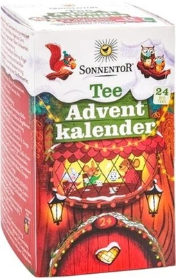 KI generiert: Eine Teepackung als Adventskalender von Sonnentor, mit winterlichem Design und Tieren. Text: "Tee Adventkalender".