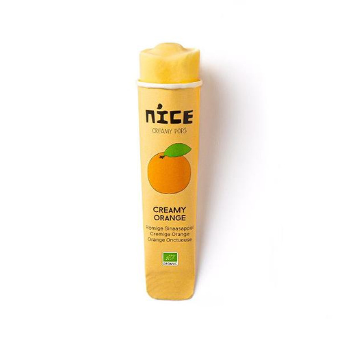 KI generiert: Gelbes Eis am Stiel mit Orangengeschmack, Markenname "NICE Creamy Pops". Text: "CREAMY ORANGE".