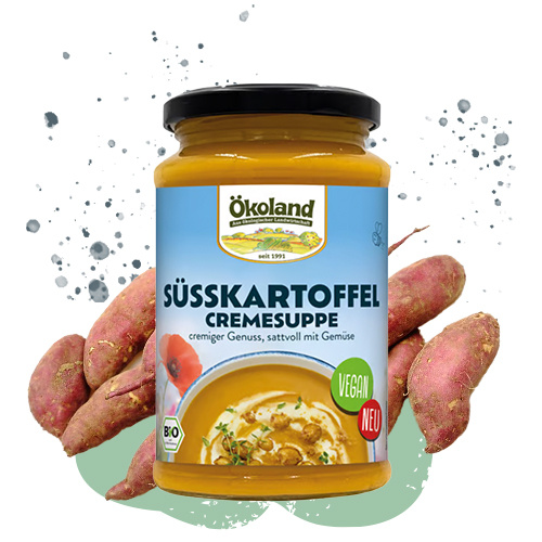 KI generiert: Glas mit Süßkartoffelcremesuppe; Text: "Süßkartoffel Cremesuppe, vegan, neu".