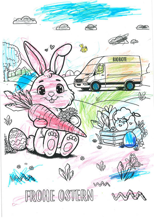 KI generiert: Ein Osterhase hält eine Karotte; Text: "FROHE OSTERN". Im Hintergrund ein Lieferwagen.