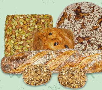 Verschiedene Brotsorten: Kürbiskernbrot, Baguette, Rosinenbrot und Krustenbrot auf grünem Hintergrund.