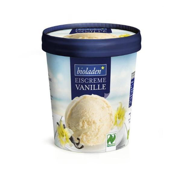 KI generiert: Eine Packung Bioladen Vanille-Eiscreme. Text: "bioladen* EISCREME VANILLE".