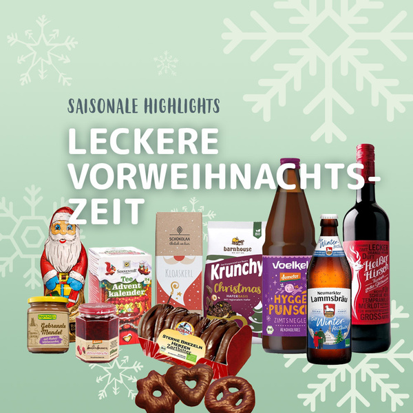 Produkte für die Vorweihnachtszeit, darunter Schokolade und Getränke. Text: "LECKERE VORWEIHNACHTSZEIT".