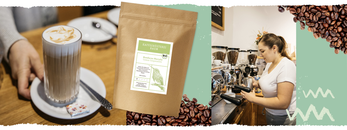 KI generiert: Das Bild zeigt links einen Latte Macchiato und rechts eine Person, die an einer Kaffeemaschine arbeitet. In der Mitte ist eine Packung Kaffee abgebildet, umgeben von Kaffeebohnen.