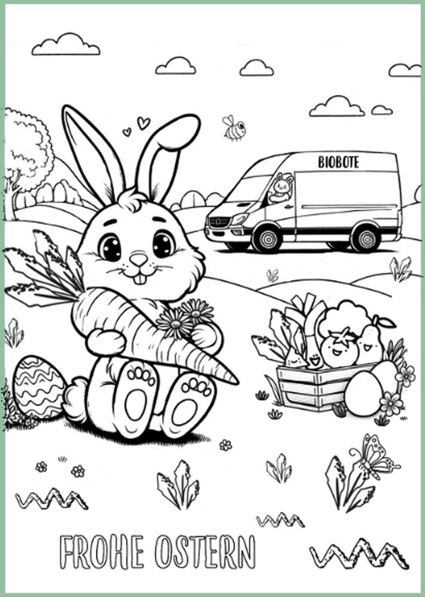 KI generiert: Ein Hase mit Karotte, Ostereier und ein Lieferwagen. Text: "FROHE OSTERN".